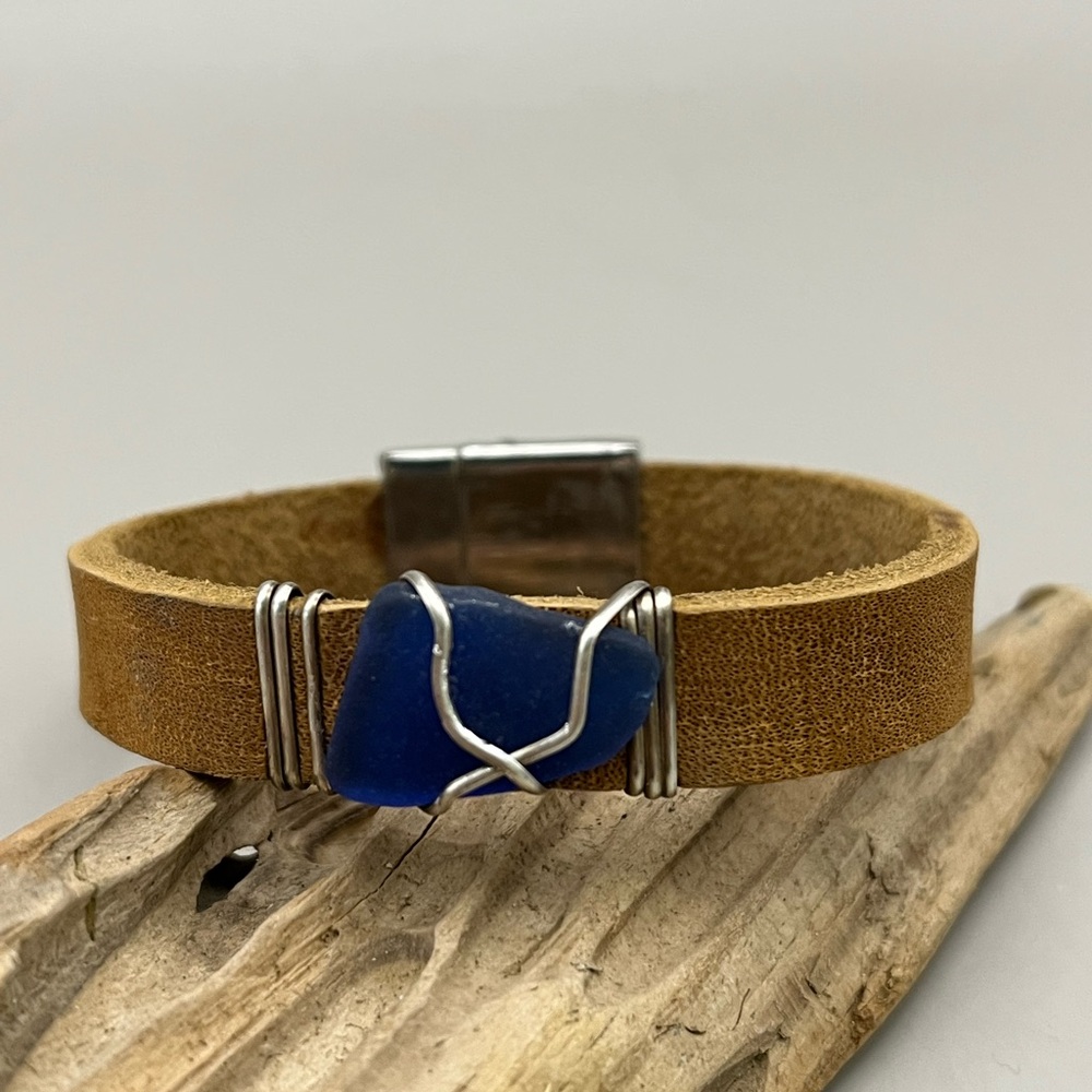 Tan Leather Bracelet with Blue seaglass Accented with Sterlin Silver Wrap